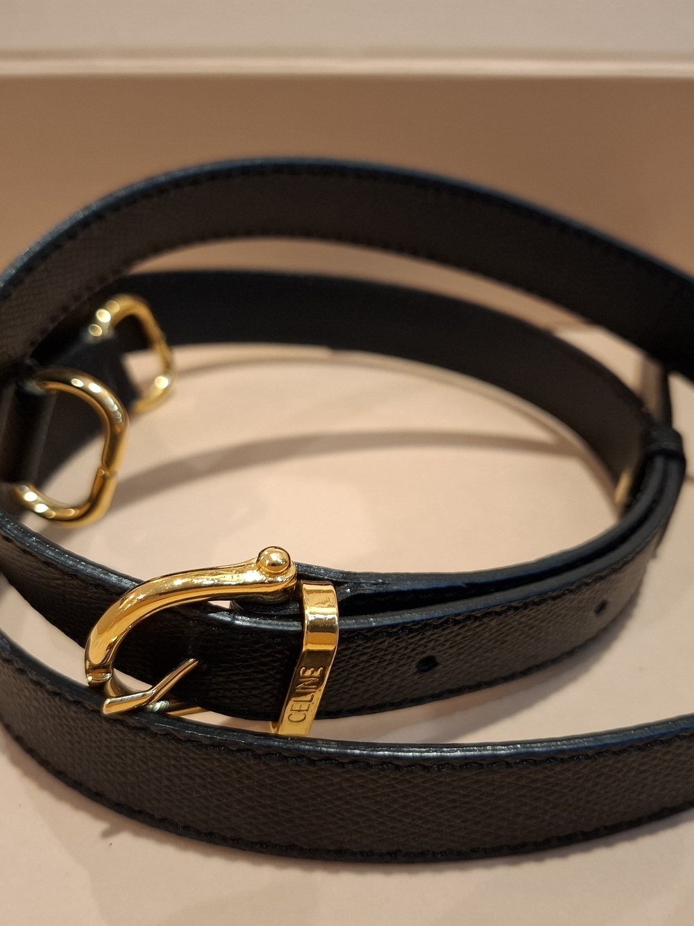 Celine Black Leather Belt Strap with Gold-Tone Buckle